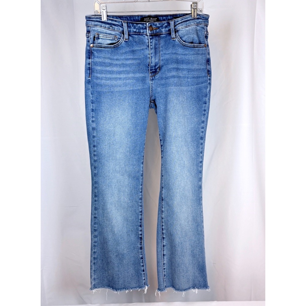Judy Blue Bootcut Jeans Med Wash Raw Hem Mid Rise 11/30 Stretch Whiskered Denim